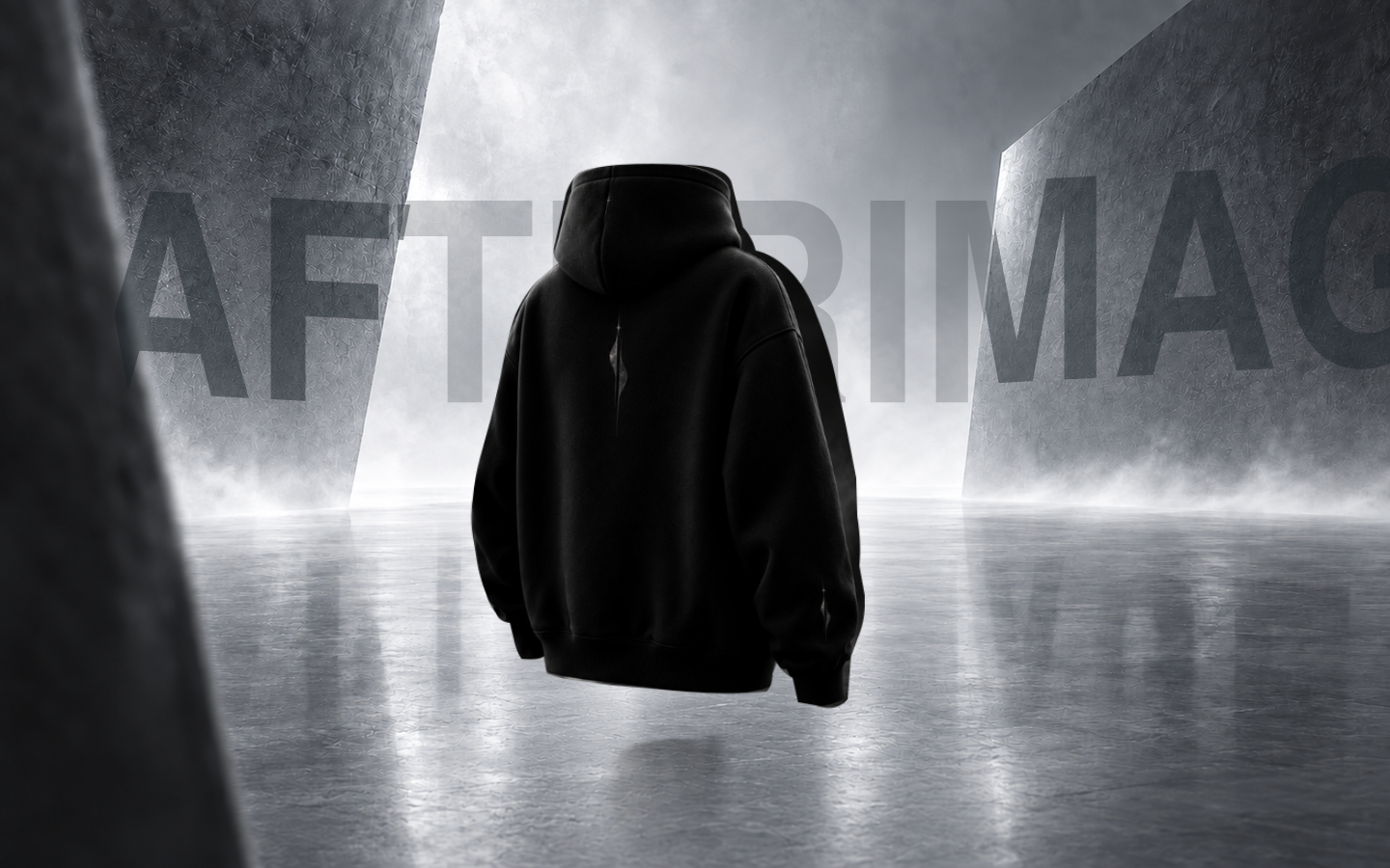 AFTERIMAGE hoodie, back view, in the STILL FIELD court. Concept preview, not production photography.